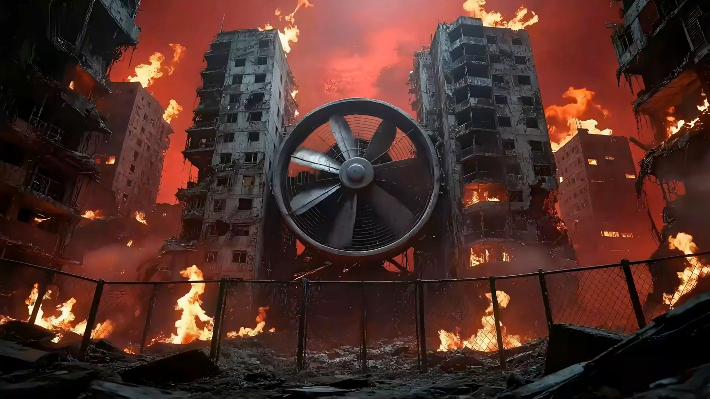 Premium Urban Wasteland Scene: Flaming City Ruins & Post-Apocalyptic Background. High-Impact VJ Loop for Rap Concerts, Livehouse & Dark LED Displays. 🔥🏙️⚠️💀