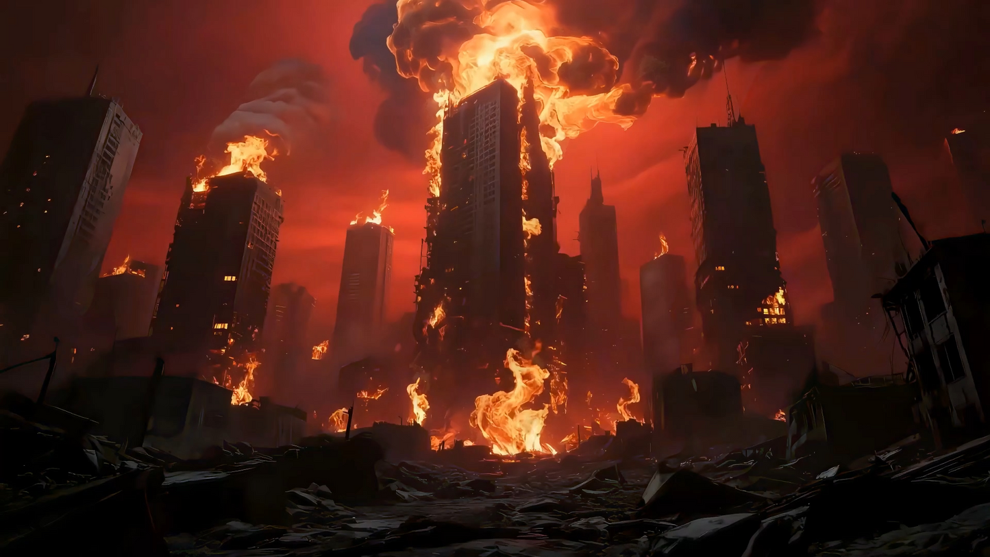 Premium Urban Wasteland Scene: Flaming City Ruins & Post-Apocalyptic Background. High-Impact VJ Loop for Rap Concerts, Livehouse & Dark LED Displays. 🔥🏙️⚠️💀