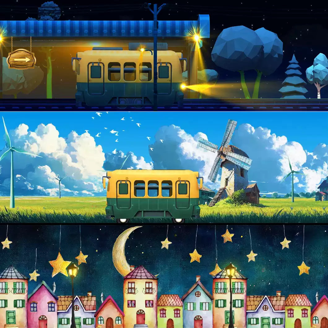 Aesthetic Cartoon Train Assets: Dreamy Windmills, Moon & Twinkling Stars | Whimsical Fairy Tale Scenery & Cute Cinematic Backgrounds for Creators 🚂🌙✨ Windmill Scenes