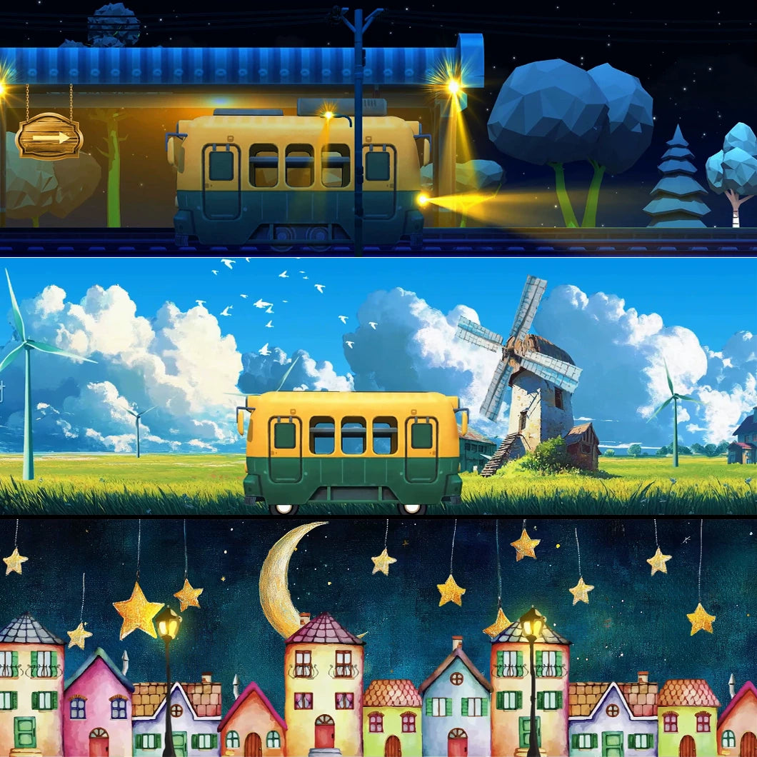 Aesthetic Cartoon Train Assets: Dreamy Windmills, Moon & Twinkling Stars | Whimsical Fairy Tale Scenery & Cute Cinematic Backgrounds for Creators 🚂🌙✨ Windmill Scenes