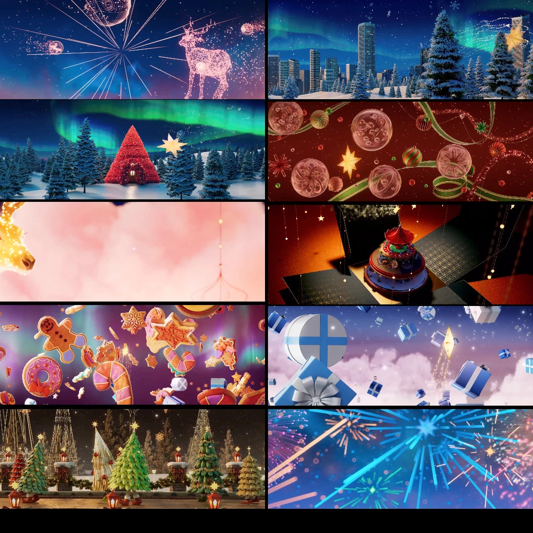 Premium Widescreen Christmas Scene: Snowy Pine & Dreamy Lights Background. High-Quality Panoramic VJ Loop for Bars, Nightclubs & Grand Stage LED Walls. 🎄❄️🎆🏙️