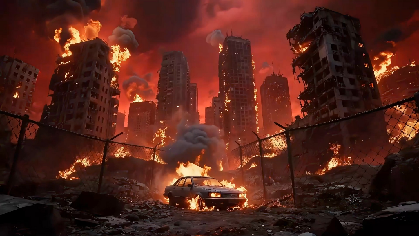 Premium Urban Wasteland Scene: Flaming City Ruins & Post-Apocalyptic Background. High-Impact VJ Loop for Rap Concerts, Livehouse & Dark LED Displays. 🔥🏙️⚠️💀