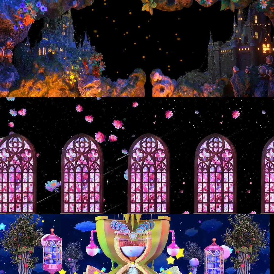 Premium Dreamy Castle Visuals: Aesthetic Flying Petals & Magic Hourglass. Sweet Cheerful VJ Loop for Livehouse Stage, Fantasy Background & Romantic Event Asset. 🏰🌸⏳✨🍭