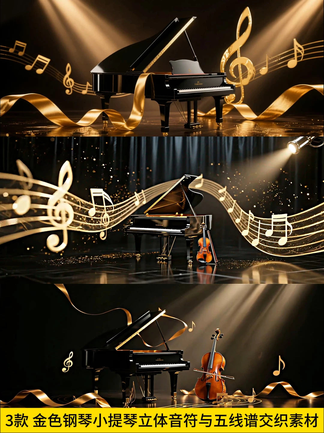 Premium Golden Piano & Violin Assets: 3D Intertwined Musical Notes & Sheet Music Staff | Elegant Cinematic Live House Backgrounds for Music Creators 🎹🎻✨ Gold Glow