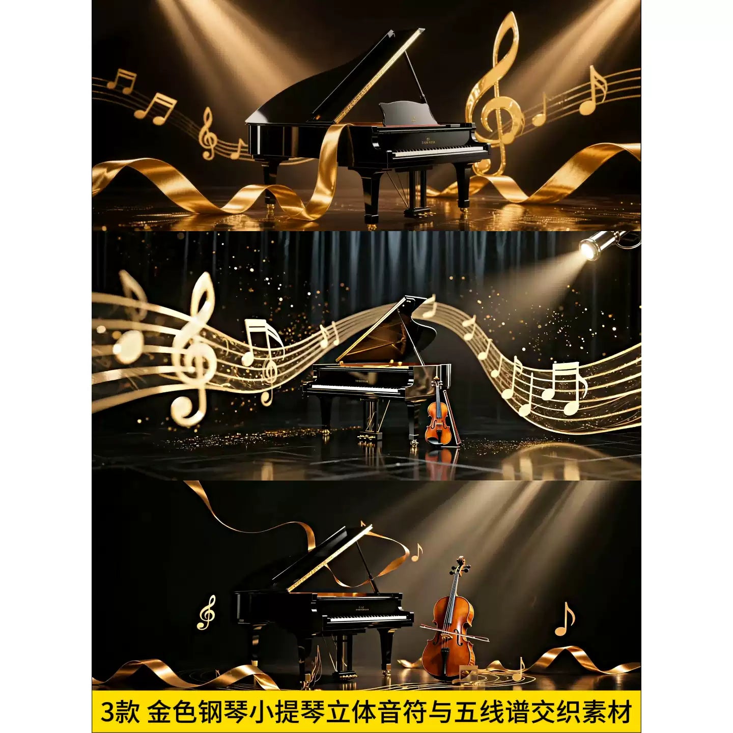 Premium Golden Piano & Violin Assets: 3D Intertwined Musical Notes & Sheet Music Staff | Elegant Cinematic Live House Backgrounds for Music Creators 🎹🎻✨ Gold Glow