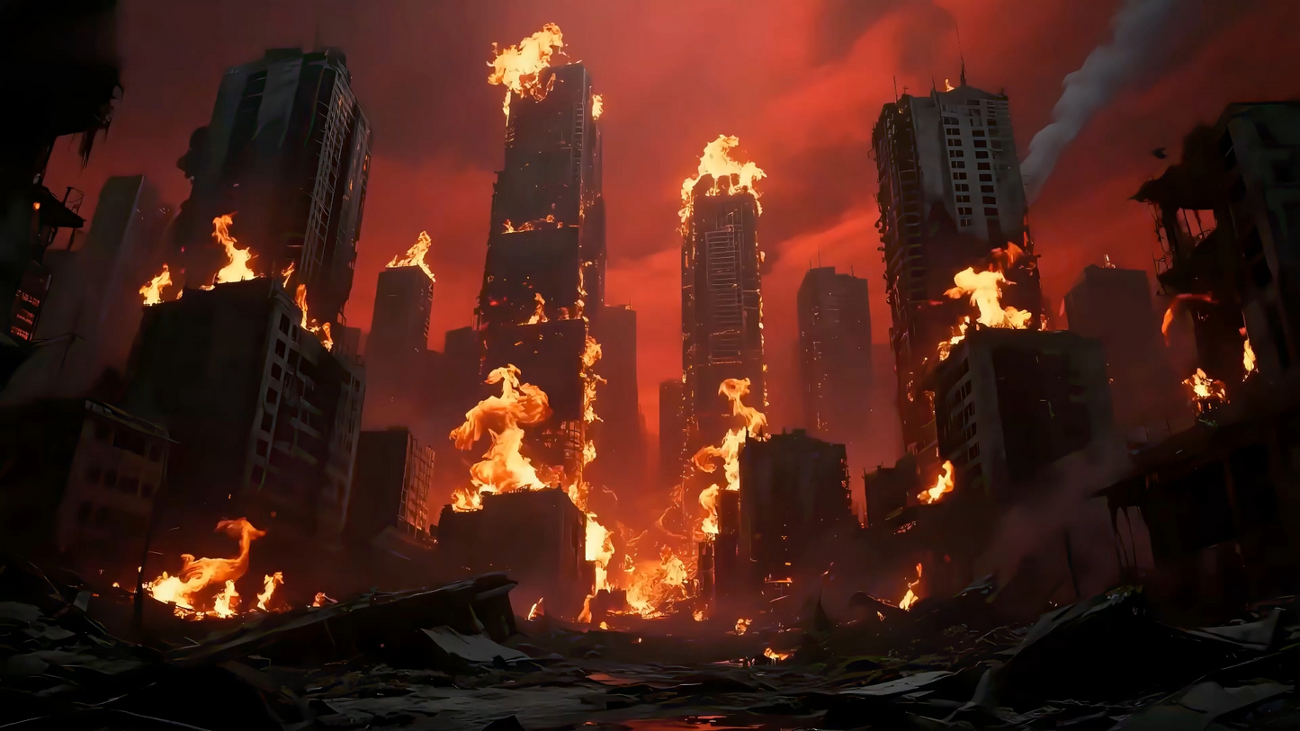 Premium Urban Wasteland Scene: Flaming City Ruins & Post-Apocalyptic Background. High-Impact VJ Loop for Rap Concerts, Livehouse & Dark LED Displays. 🔥🏙️⚠️💀