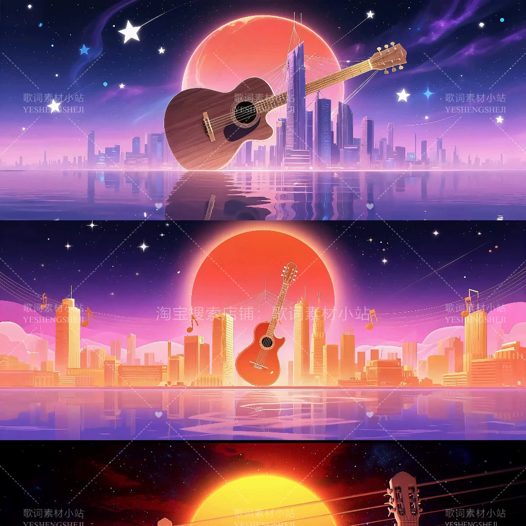 Premium Live House Background: Aesthetic Guitar & Musical Note Particles at Sunset. High-Quality Visuals for Creators & Music Lovers. 🎸✨