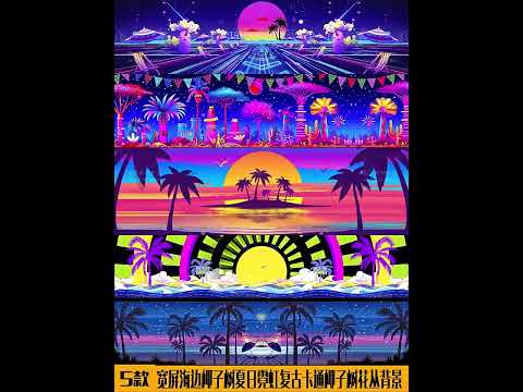 Widescreen Summer Retro VJ Visuals 🌴 Neon Coconut Trees & Cartoon Floral Background | 80s Synthwave Tropical Stage LED Video for Livehouse & Beach Parties 🌊✨
