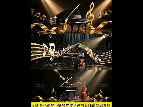 Premium Golden Piano & Violin Assets: 3D Intertwined Musical Notes & Sheet Music Staff | Elegant Cinematic Live House Backgrounds for Music Creators 🎹🎻✨ Gold Glow