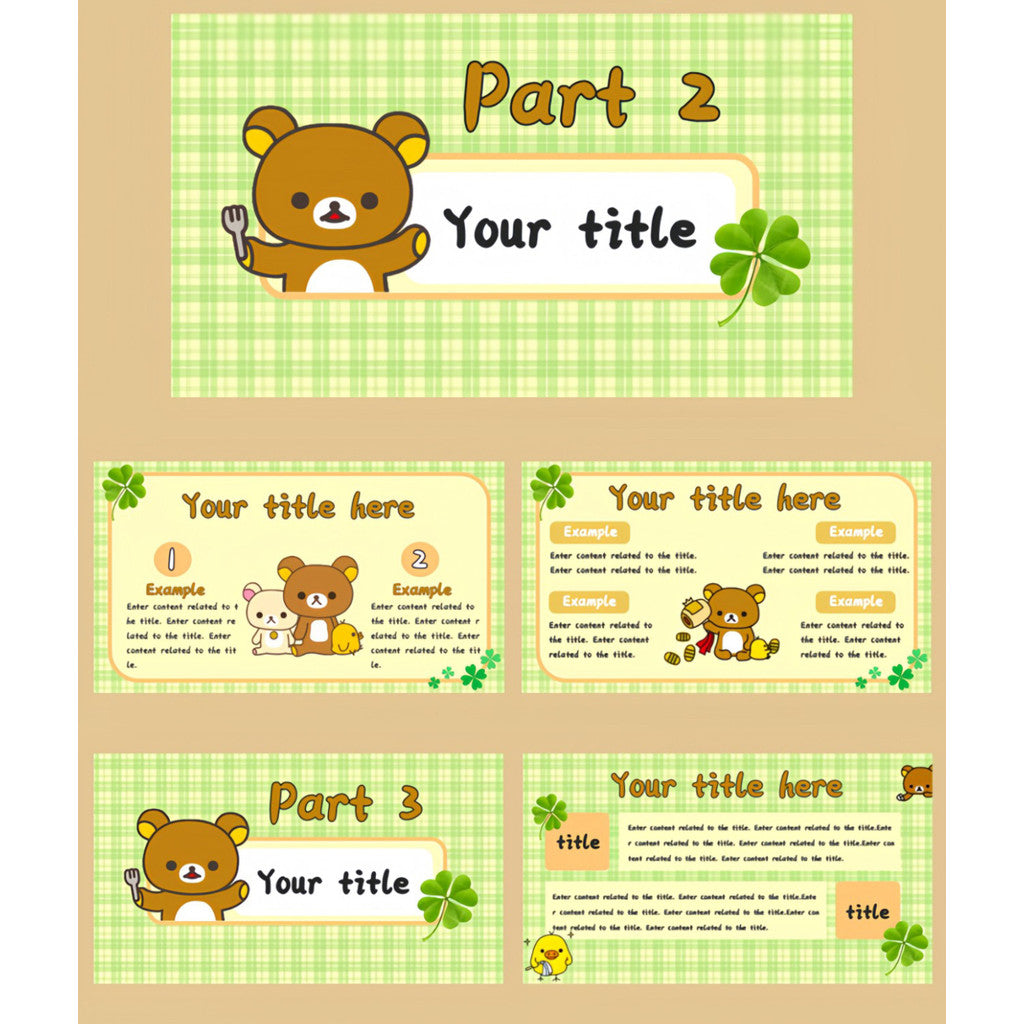 POWERPOINT TEMPLATE 282 | 🍀 Relax Bear & Four-Leaf Clover PPT Template 15 Pages Editable [ MICHIGO STUDIO ]