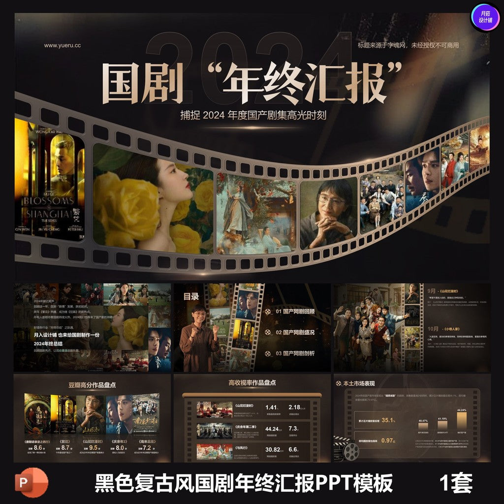 POWERPOINT TEMPLATE 323 | 🖤 High-End Black Retro 2024 National Drama Year-End Report PPT
