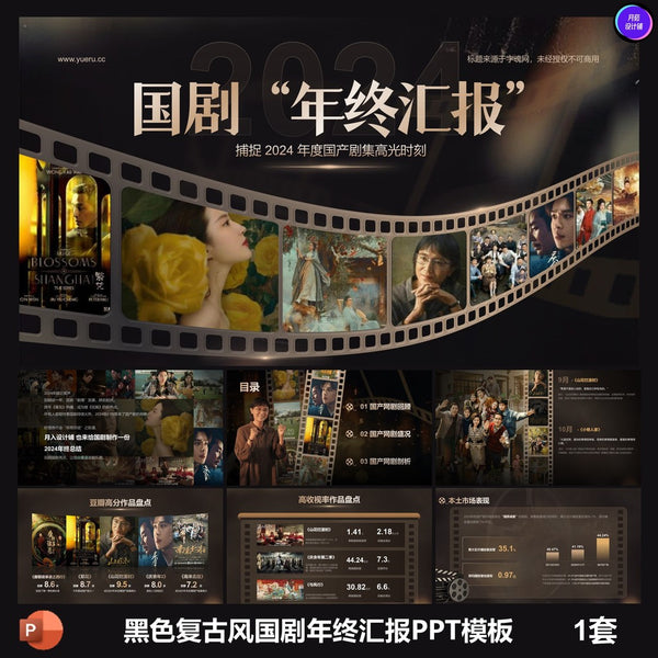 POWERPOINT TEMPLATE 323 | 🖤 High-End Black Retro 2024 National Drama Year-End Report PPT