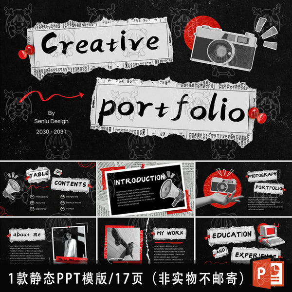 POWERPOINT TEMPLATE 298 | ✂️ High-End Creative Black Magazine Tear Collage Photography Personal Portfolio PPT