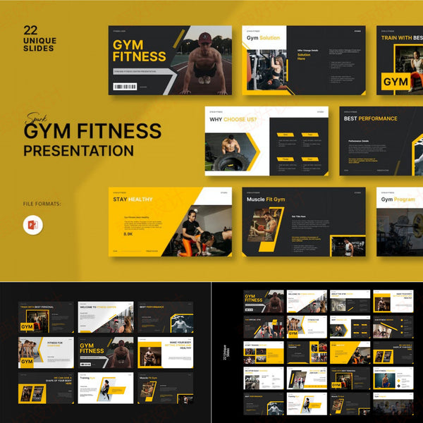 POWERPOINT TEMPLATE 141 | 🏋️ Fitness Gym Workout Theme Brand Promotion Commercial Client PPT Template 35 Pages