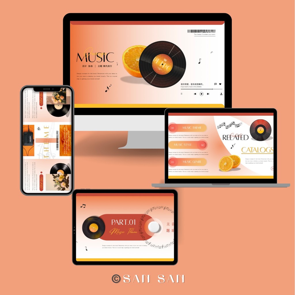 POWERPOINT TEMPLATE 77 | 🎵 Orange Gradient Music Theme Artistic Dynamic Editable PPT Template [ MICHIGO STUDIO ]