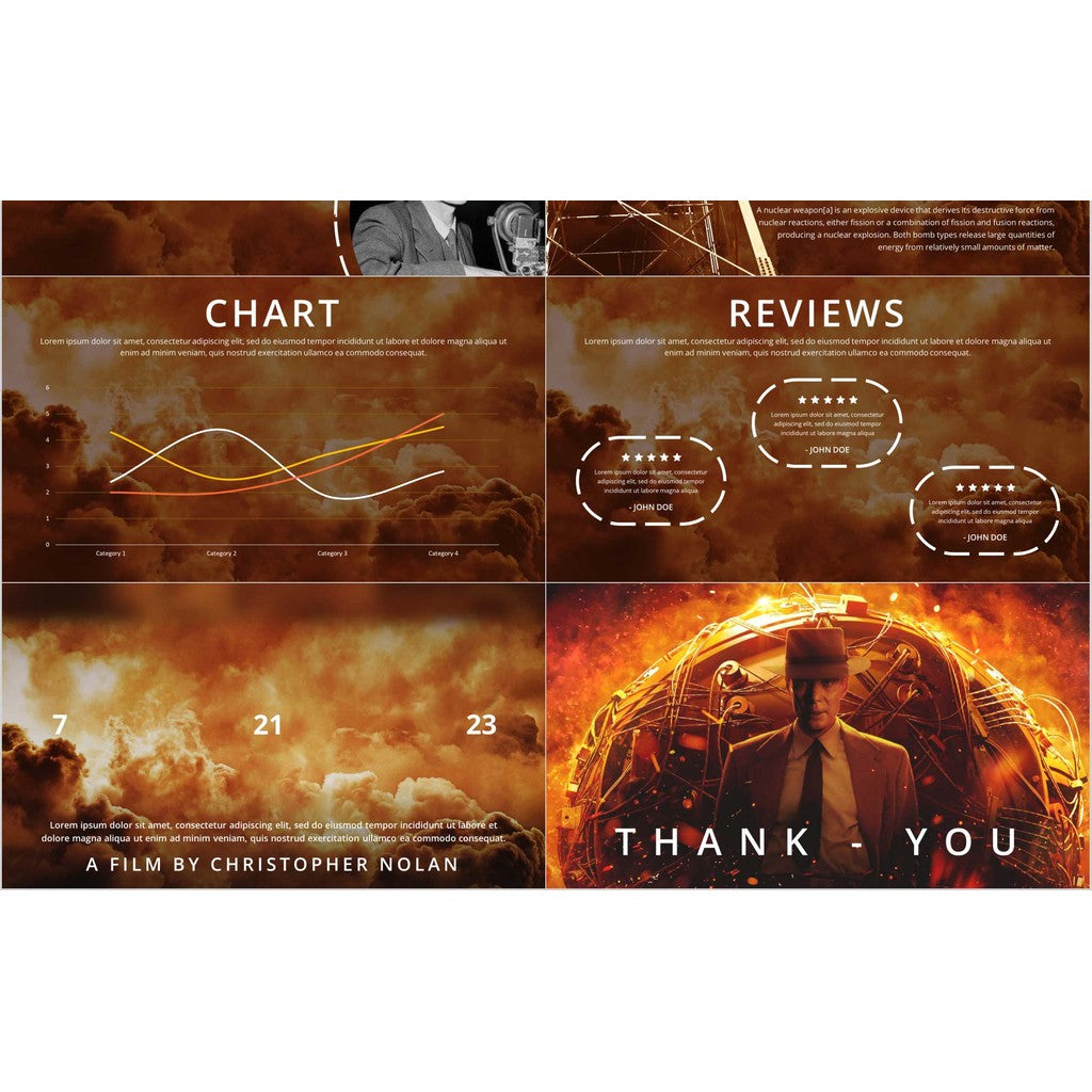 POWERPOINT TEMPLATE 241 | 🎬 Oppenheimer Nolan Movie PPT Template Movie Review Recommended English Editable Presentation