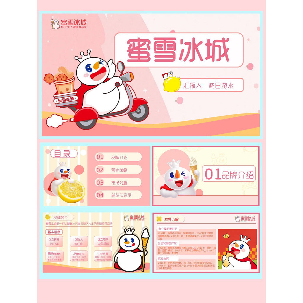 POWERPOINT TEMPLATE 237 | 🍧 Mixue Bingcheng Original Brand Introduction PPT Template 17 Pages Animated Editable