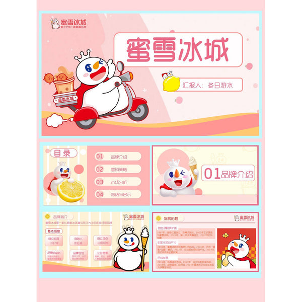 POWERPOINT TEMPLATE 237 | 🍧 Mixue Bingcheng Original Brand Introduction PPT Template 17 Pages Animated Editable