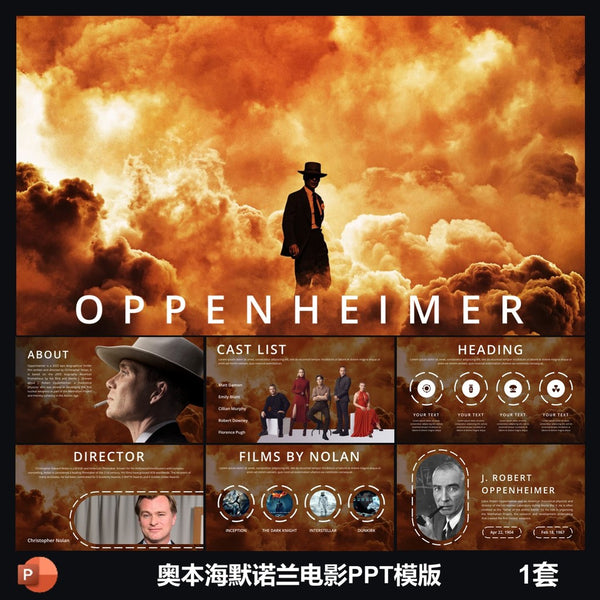 POWERPOINT TEMPLATE 241 | 🎬 Oppenheimer Nolan Movie PPT Template Movie Review Recommended English Editable Presentation