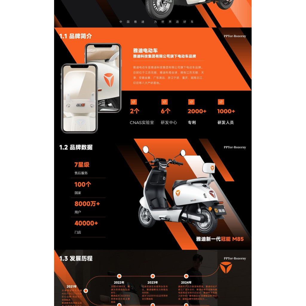 POWERPOINT TEMPLATE 266 | 🛵 PPT Template Yadea Electric Vehicle Brand Marketing Analysis Static Slides 22 Pages