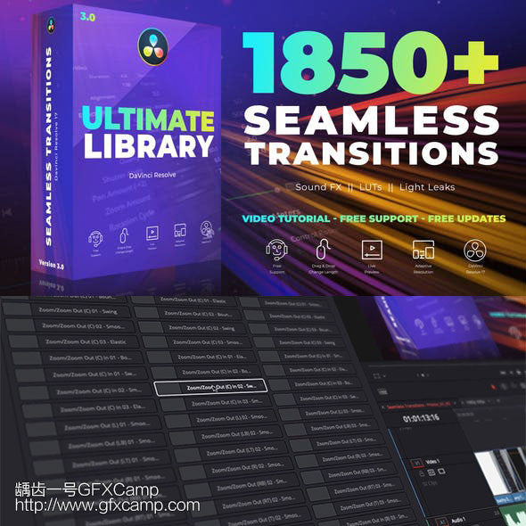 🎬 LUT+SFX | DaVinci Plugin Presets – 1850 Seamless Video Transitions, Color Grading Presets, Light & Sound Effects