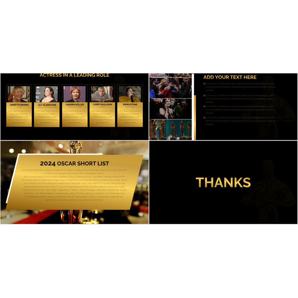 POWERPOINT TEMPLATE 318 | 🏆 Black & Gold High-End Oscar Film Festival Awards Movie Art Fashion PPT