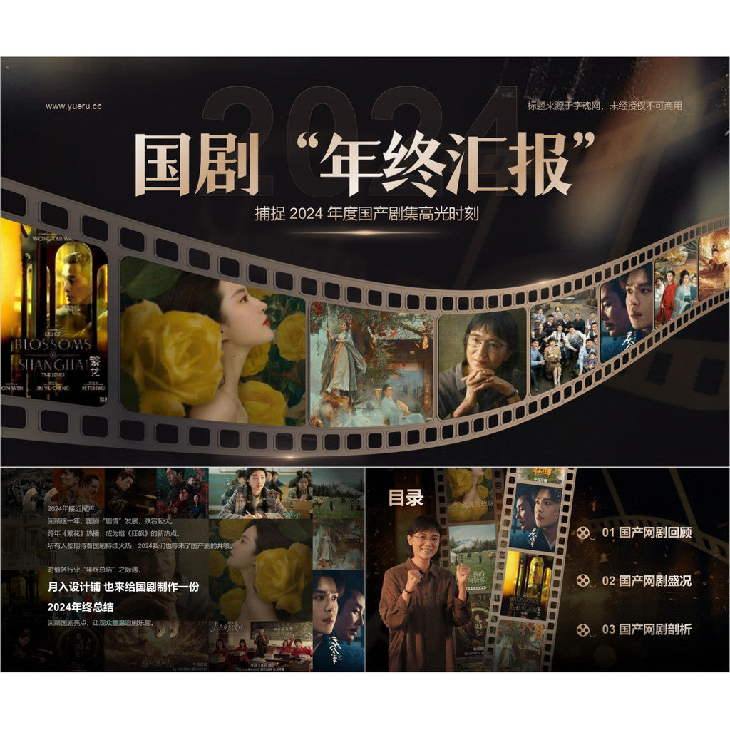 POWERPOINT TEMPLATE 323 | 🖤 High-End Black Retro 2024 National Drama Year-End Report PPT