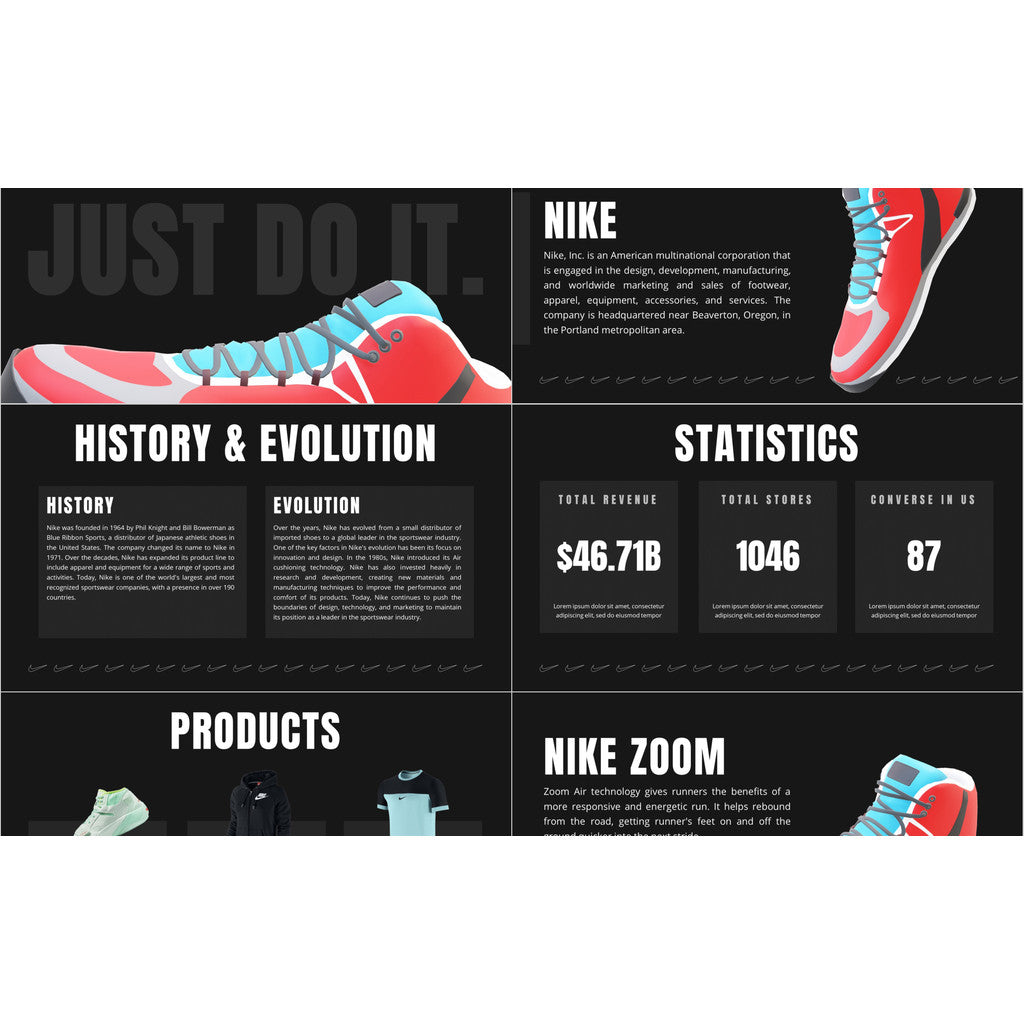 POWERPOINT TEMPLATE 316 | 👟 Nike Company Introduction English Corporate Black High-End Editable PPT