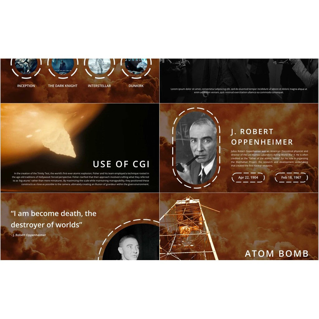 POWERPOINT TEMPLATE 241 | 🎬 Oppenheimer Nolan Movie PPT Template Movie Review Recommended English Editable Presentation
