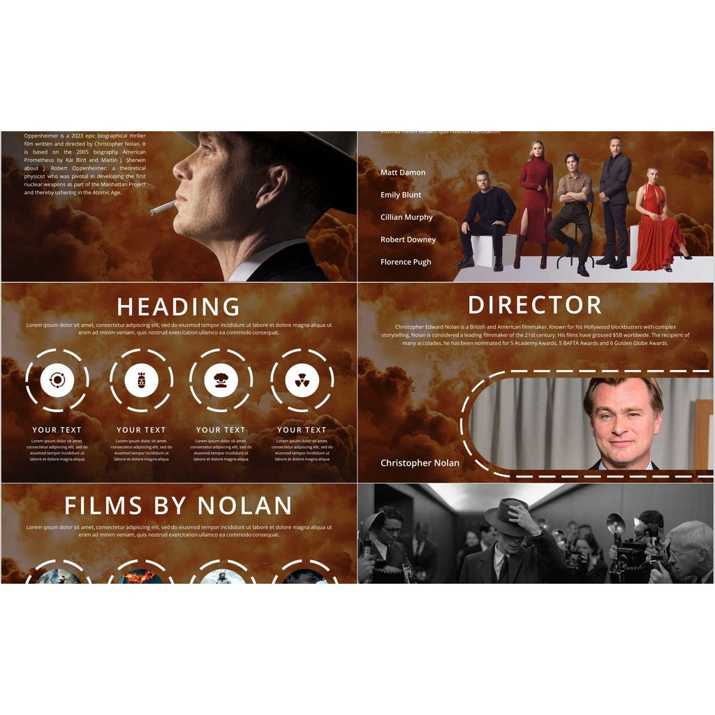 POWERPOINT TEMPLATE 241 | 🎬 Oppenheimer Nolan Movie PPT Template Movie Review Recommended English Editable Presentation