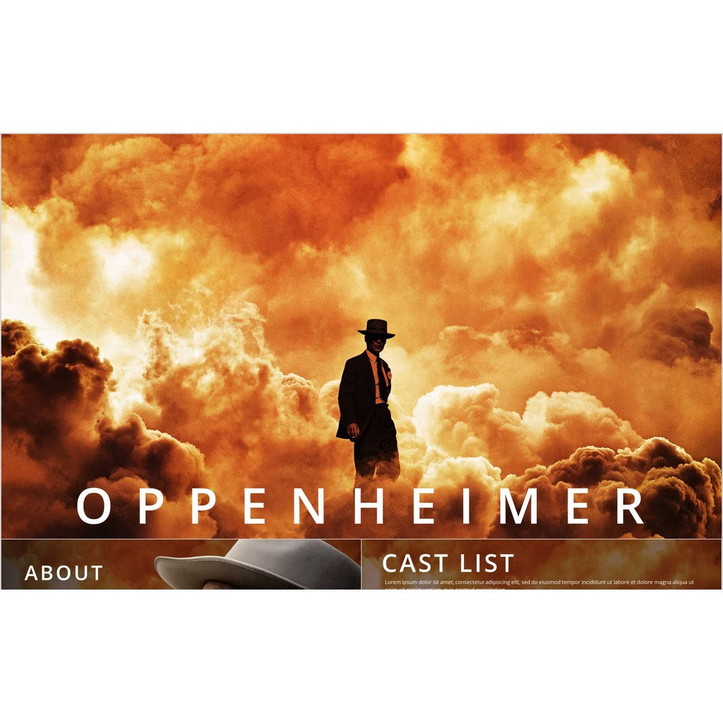 POWERPOINT TEMPLATE 241 | 🎬 Oppenheimer Nolan Movie PPT Template Movie Review Recommended English Editable Presentation