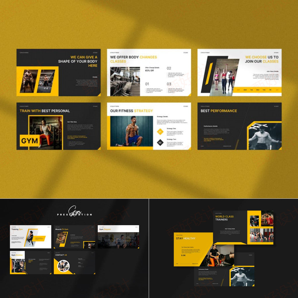 POWERPOINT TEMPLATE 141 | 🏋️ Fitness Gym Workout Theme Brand Promotion Commercial Client PPT Template 35 Pages