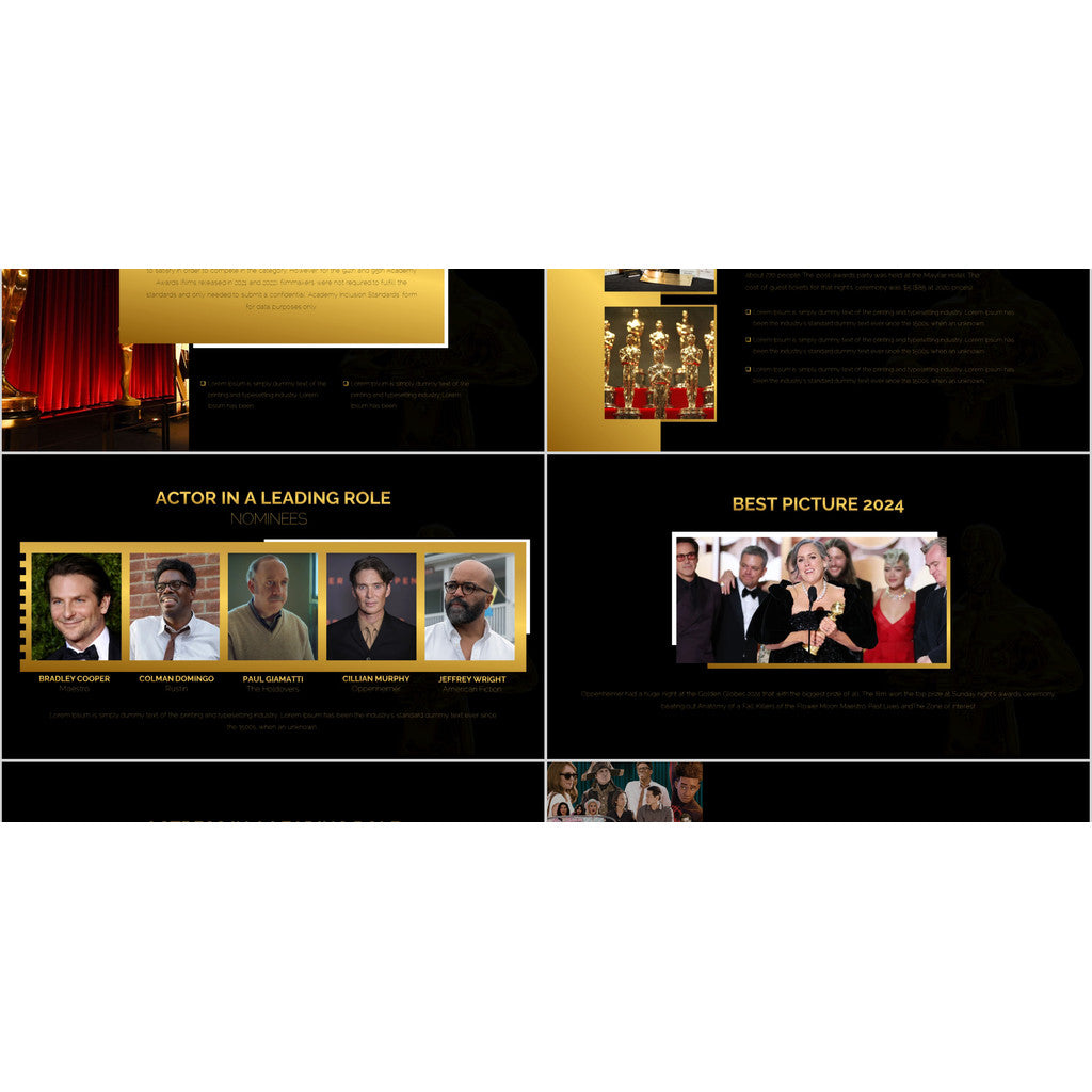 POWERPOINT TEMPLATE 318 | 🏆 Black & Gold High-End Oscar Film Festival Awards Movie Art Fashion PPT