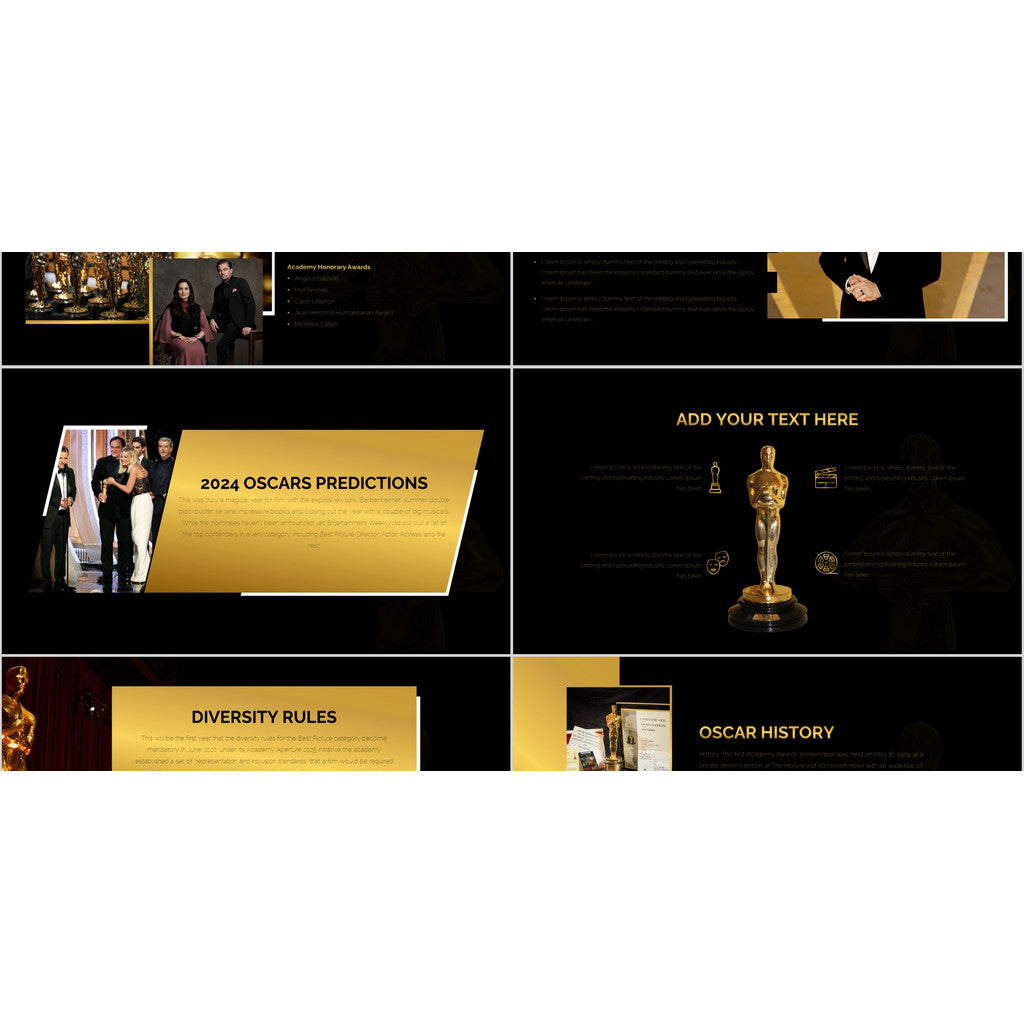 POWERPOINT TEMPLATE 318 | 🏆 Black & Gold High-End Oscar Film Festival Awards Movie Art Fashion PPT
