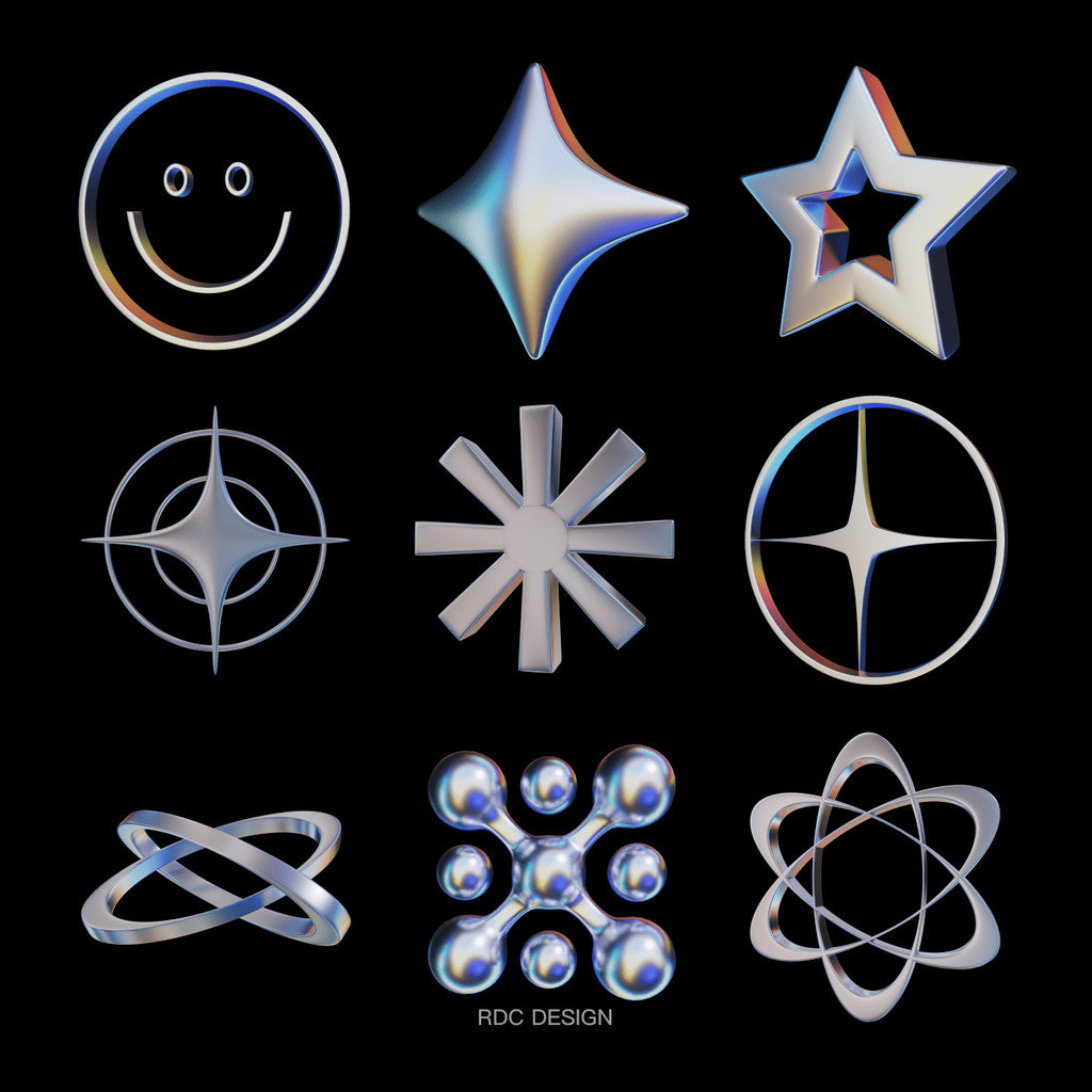 3D MODEL | 🌀 25 Y2K Acidic Geometric Chrome Models – Blender | PNG