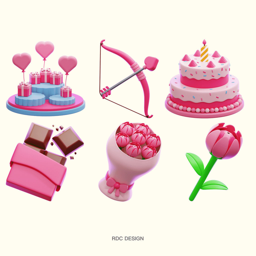 3D MODEL | 💝 Valentine & Qixi Cute Heart, Flowers, Cake & Bear – Blender | C4D