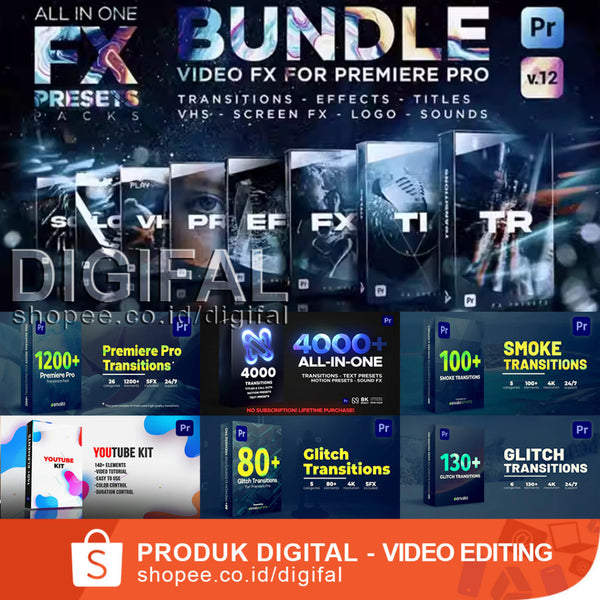 FX Presets Bundle V.12 for Premiere Pro (all-in-one) Transitions, Titles, Effects, VHS, LUTs, Logo, Sounds[ MICHIGO STUD