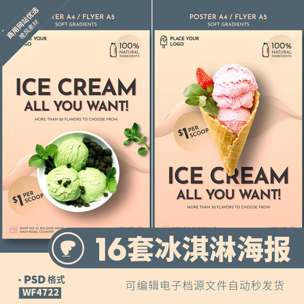 PSD | 🍦 Ice Cream Poster Template – Cone | Cake | Strawberry | Matcha