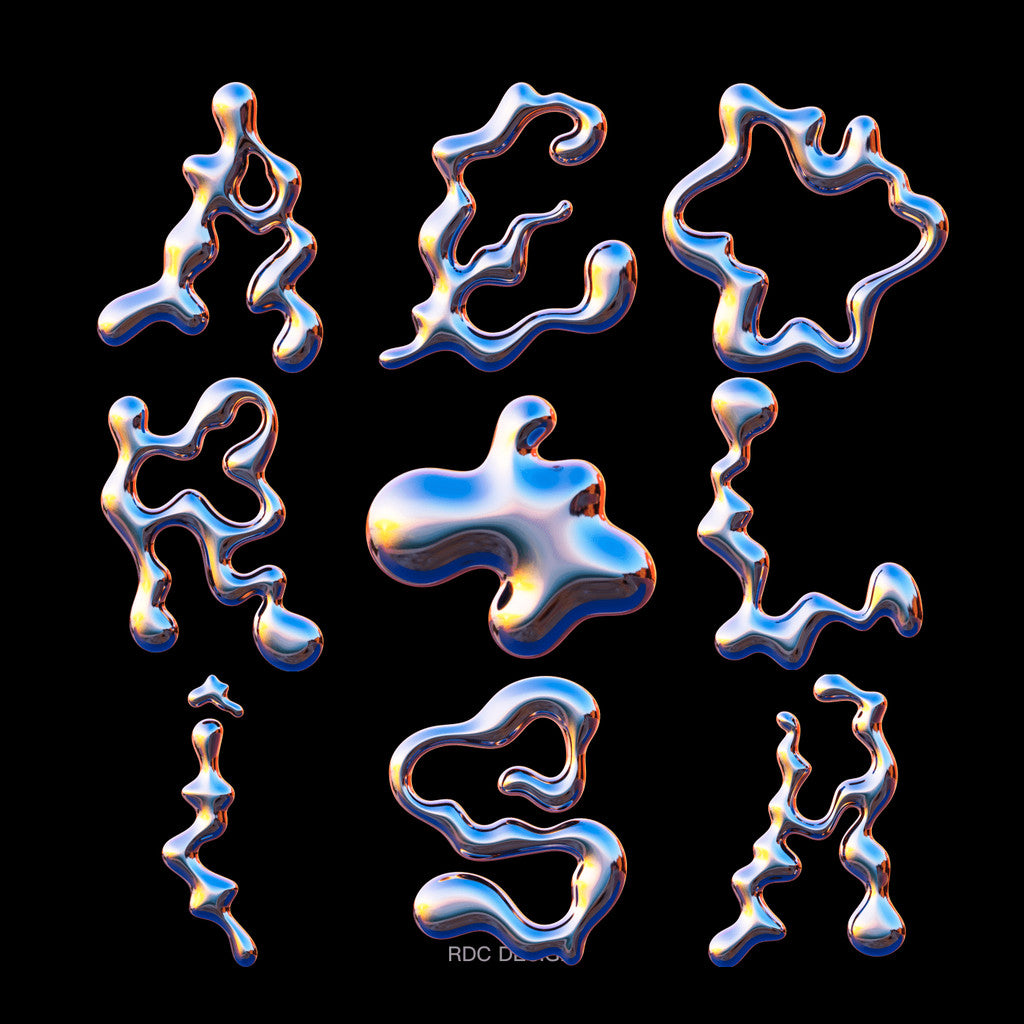 3D DESIGN | 🌊 40 Y2K Chrome Wave Letters & Symbols – PNG