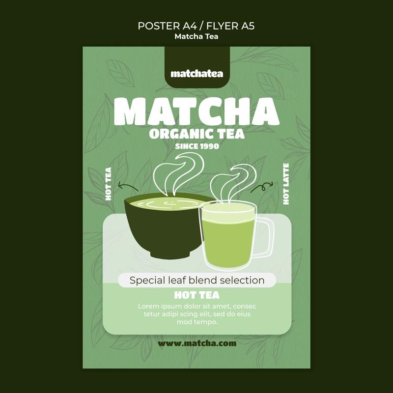 PSD | 🍵 Matcha Drink Poster Template – Coffee | Ice | Line Illustration