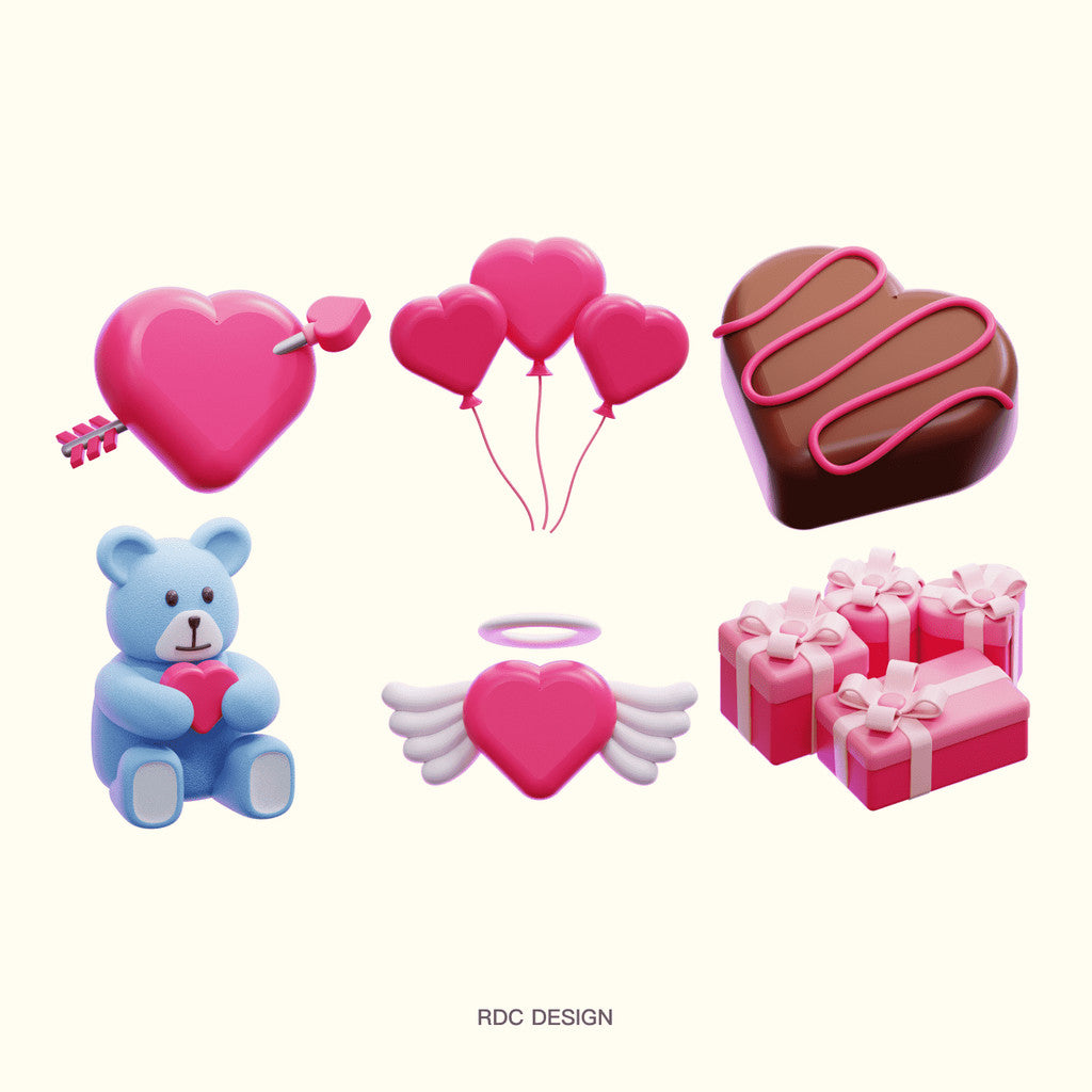 3D MODEL | 💝 Valentine & Qixi Cute Heart, Flowers, Cake & Bear – Blender | C4D