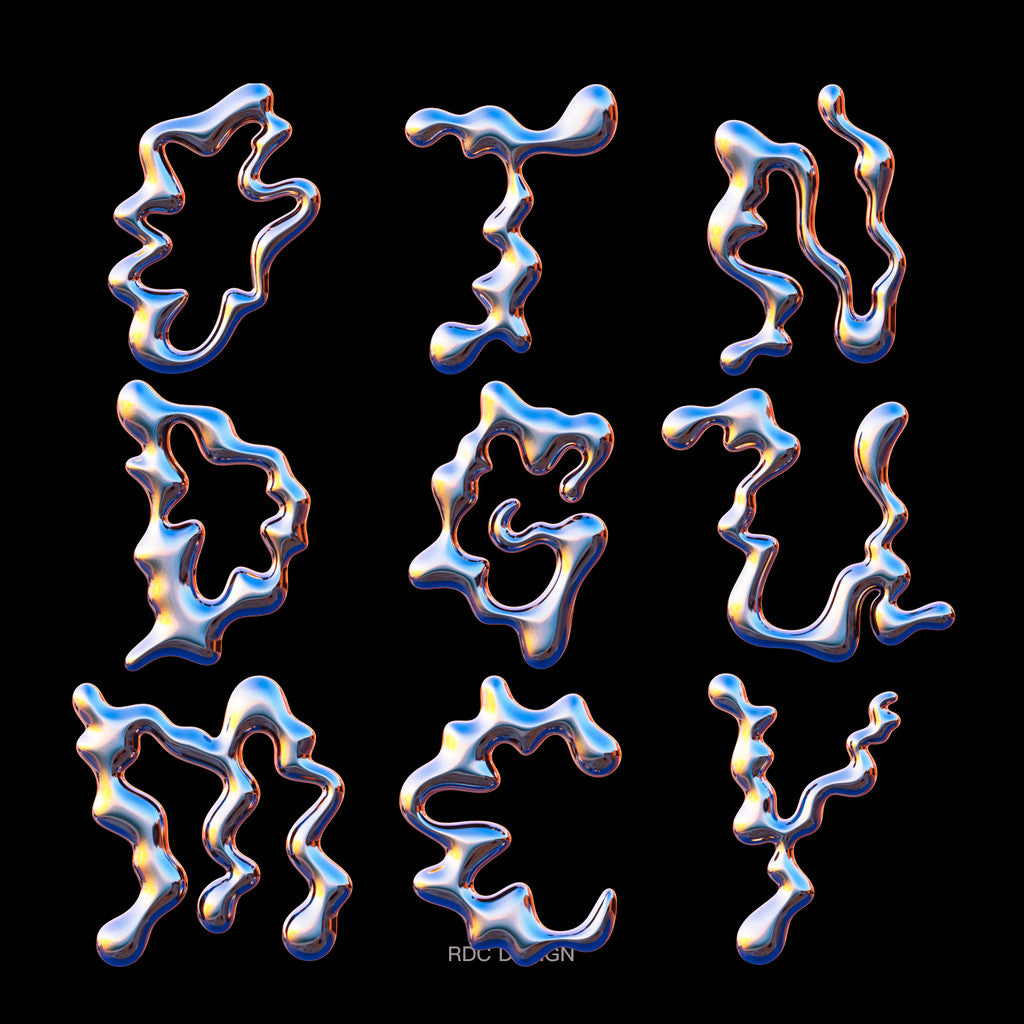 3D DESIGN | 🌊 40 Y2K Chrome Wave Letters & Symbols – PNG