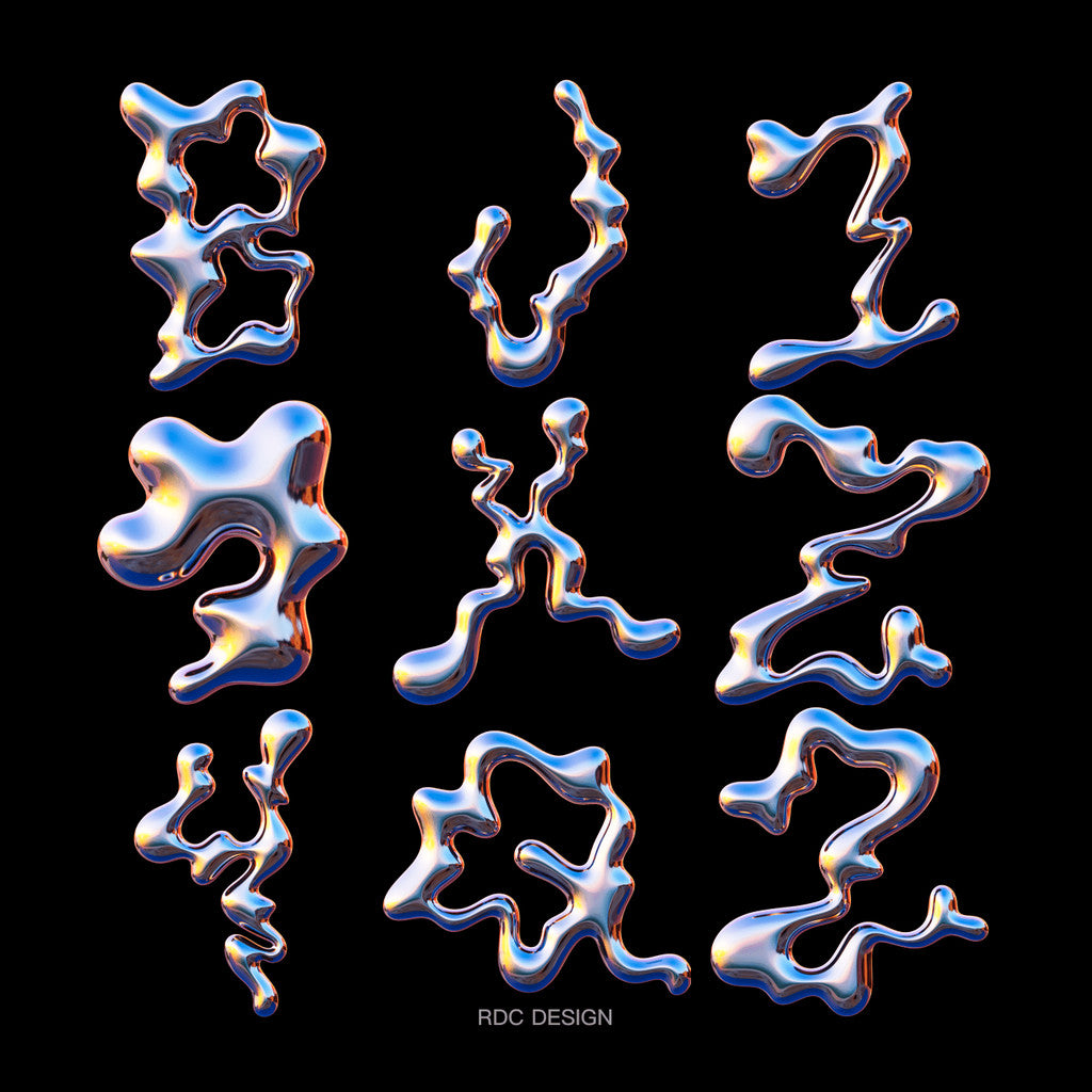 3D DESIGN | 🌊 40 Y2K Chrome Wave Letters & Symbols – PNG