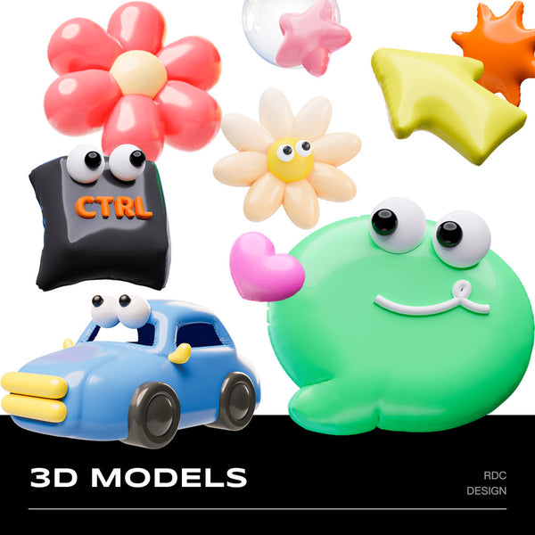 3D MODEL | 🎈 Balloon Style Cute Flowers, Hearts, Car & Emoji Models – Blender