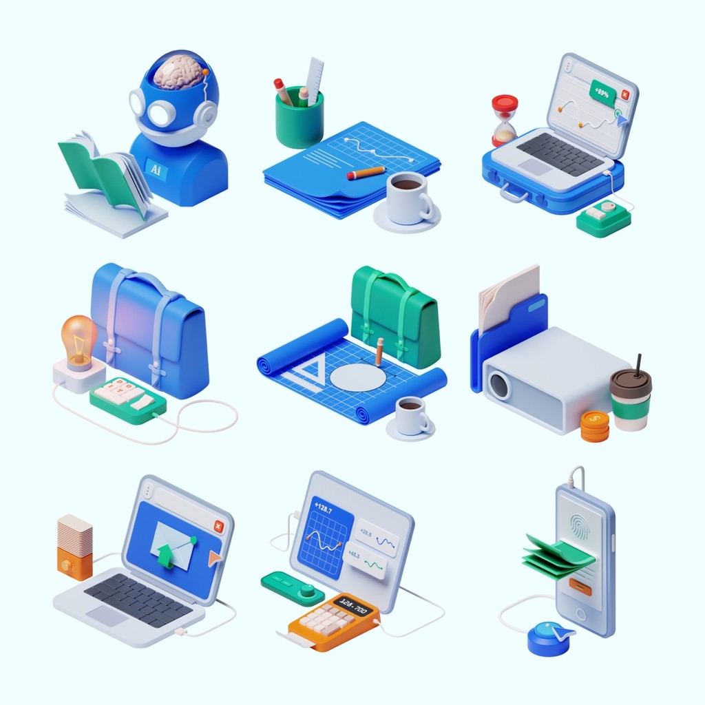 3D MODEL | 💼 Computer, Backpack, Coffee, Books, Phone, Rocket – Blender | C4D