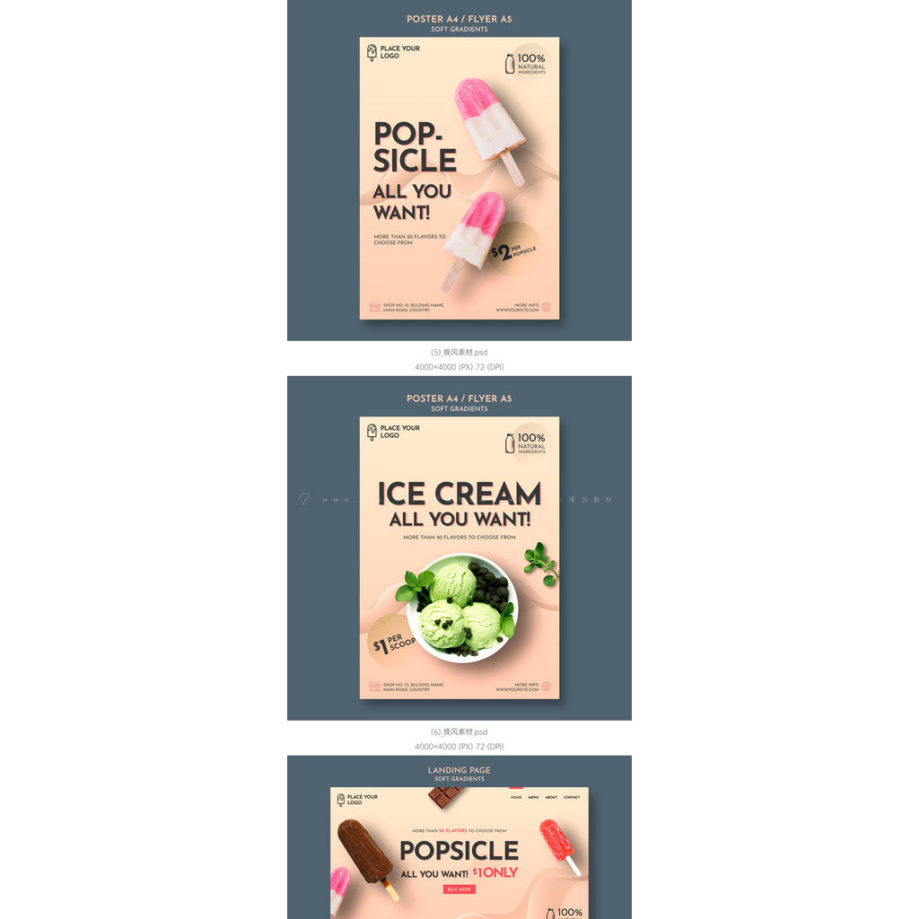 PSD | 🍦 Ice Cream Poster Template – Cone | Cake | Strawberry | Matcha