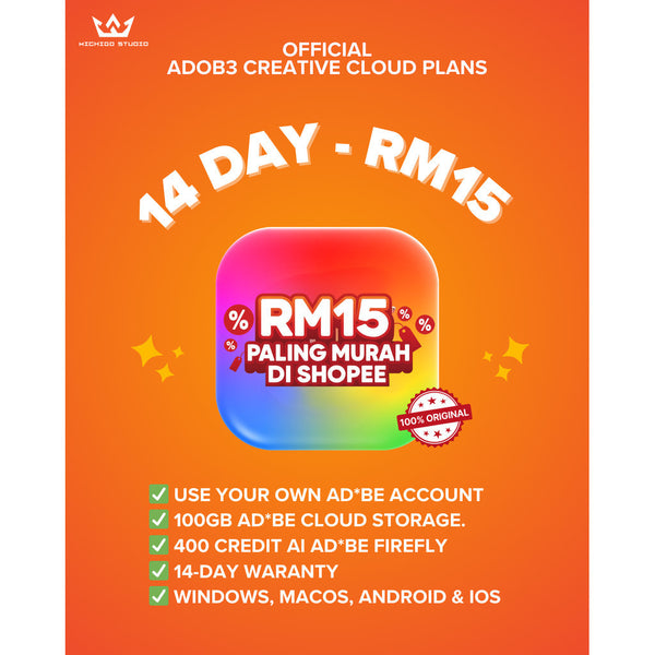 RM15 Adobe Creative Cloud All Apps + Firefly (2 Weeks Subscription) | Windows / macOS / Android / iOS | 200GB Cloud